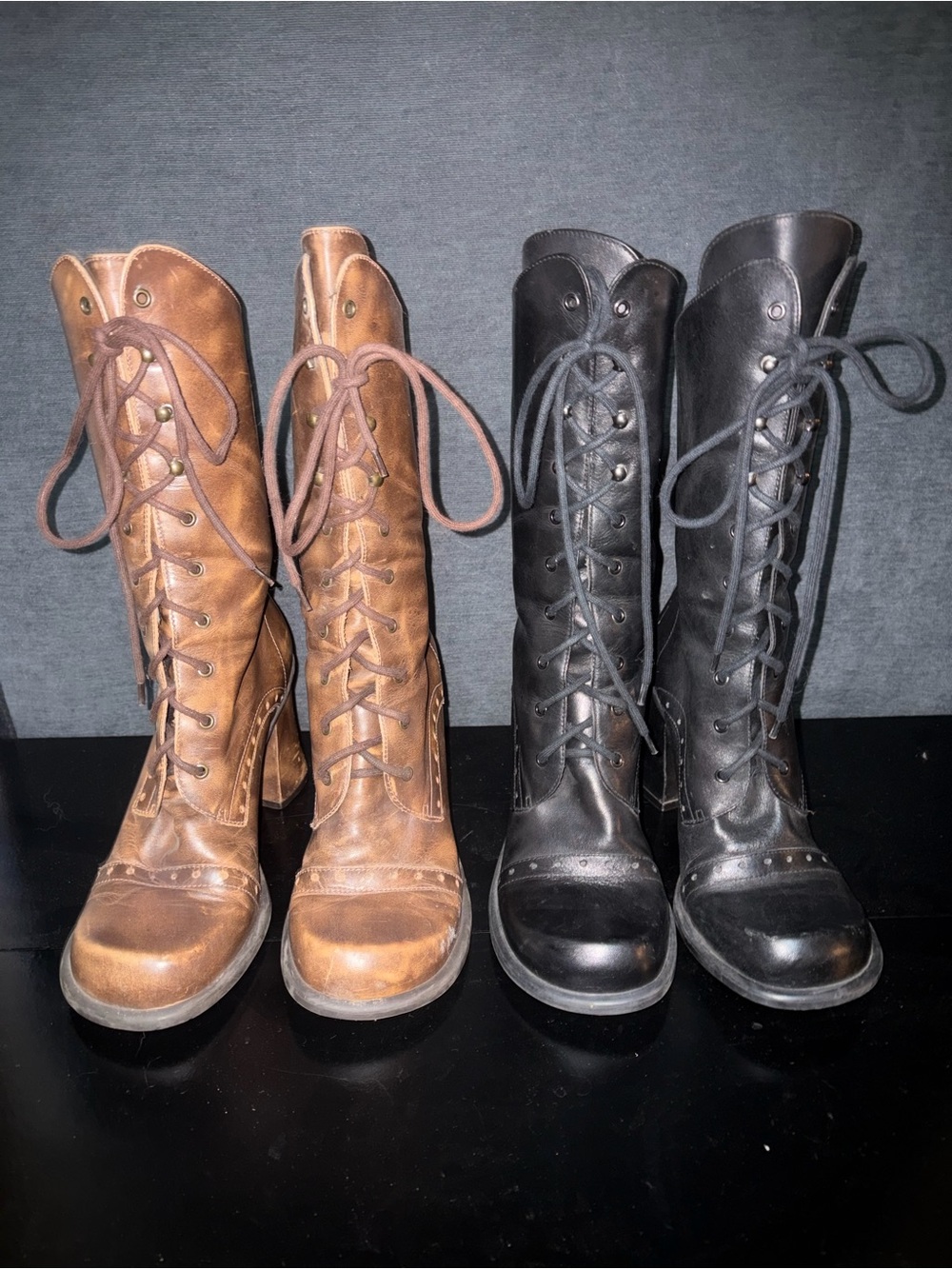 Women's Lace-Up Knee-High Heeled Boots in Brown and Black
